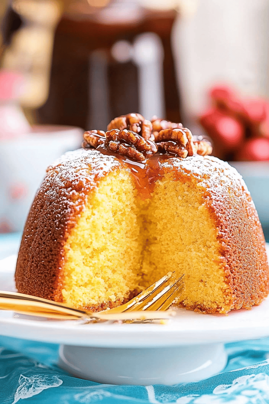 Rum cake slice on plate showing perfect texture and swirl pattern
