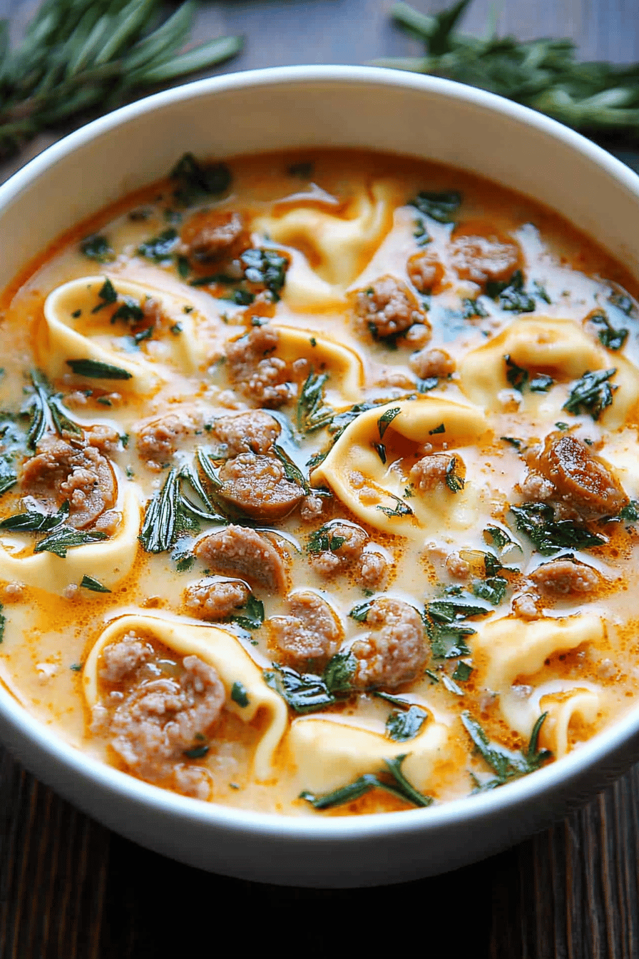 Sausage Tortellini Soup ingredients organized and measured on kitchen counter