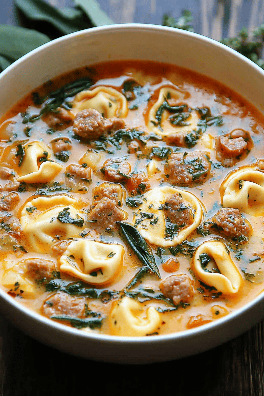 Sausage Tortellini Soup slice on plate showing perfect texture and swirl pattern