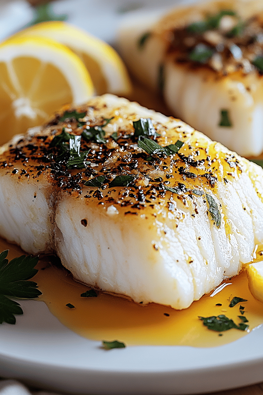 Seared cod slice on plate showing perfect texture and swirl pattern