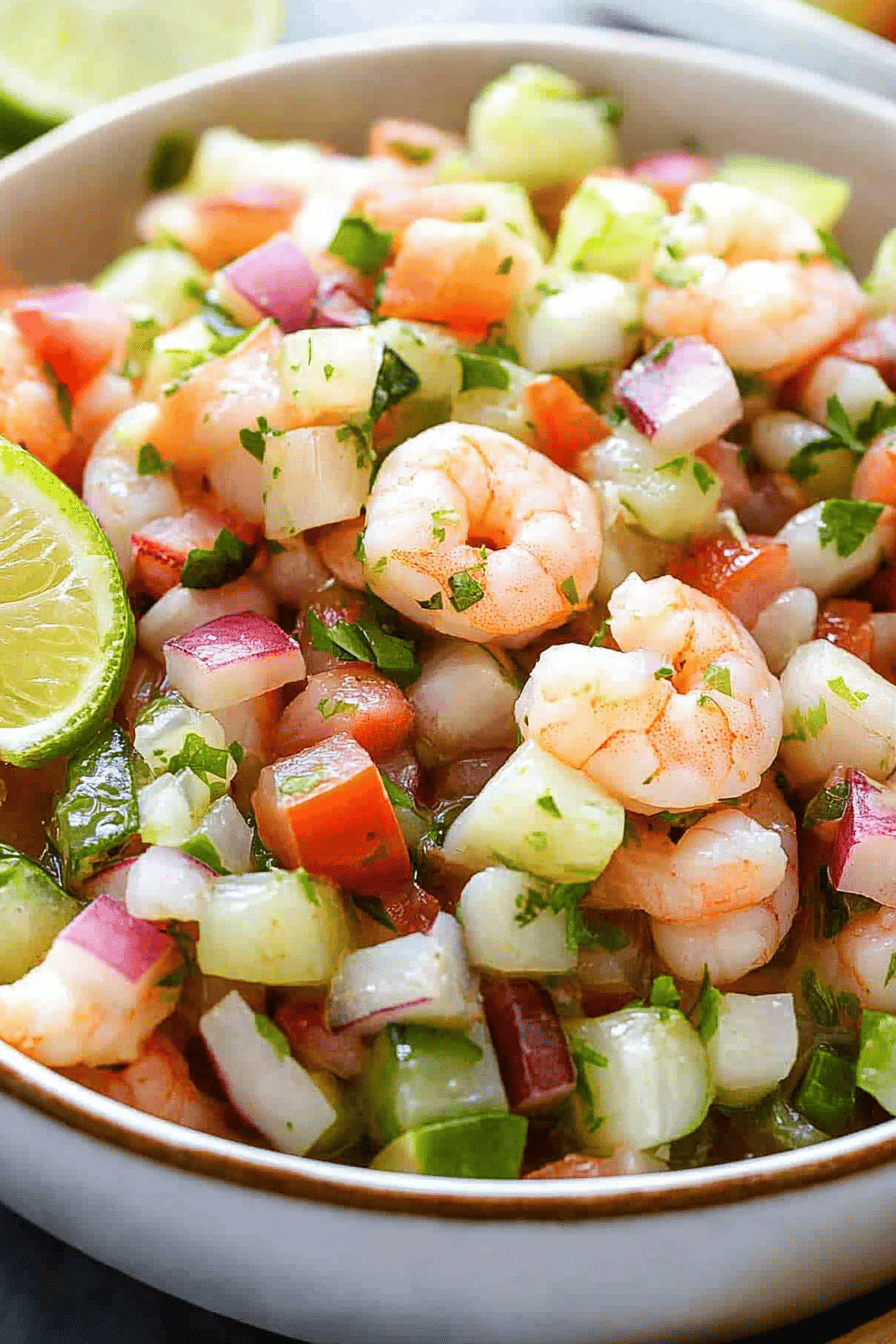 Shrimp ceviche ingredients organized and measured on kitchen counter