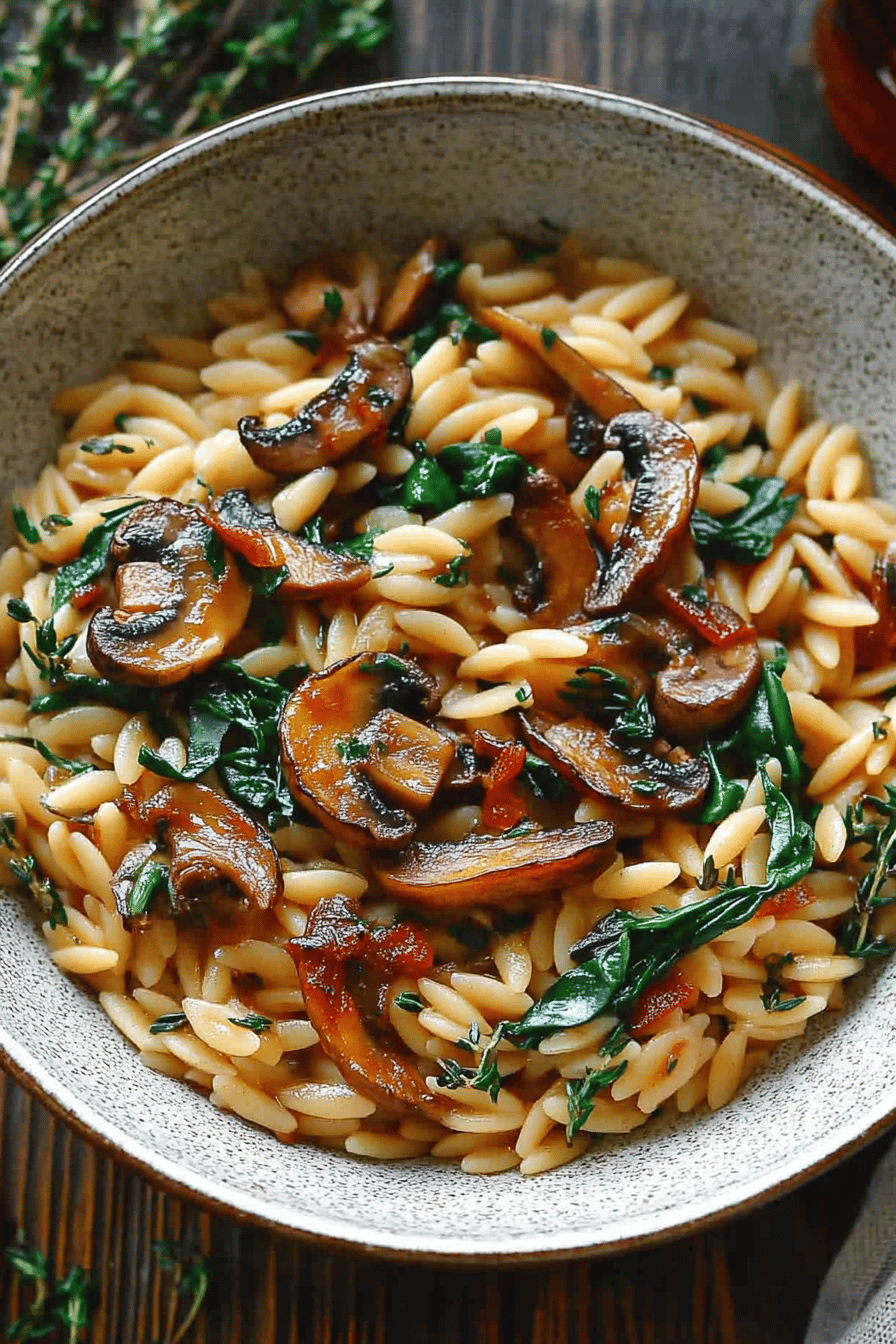 Spinach Mushroom Orzo ingredients organized and measured on kitchen counter