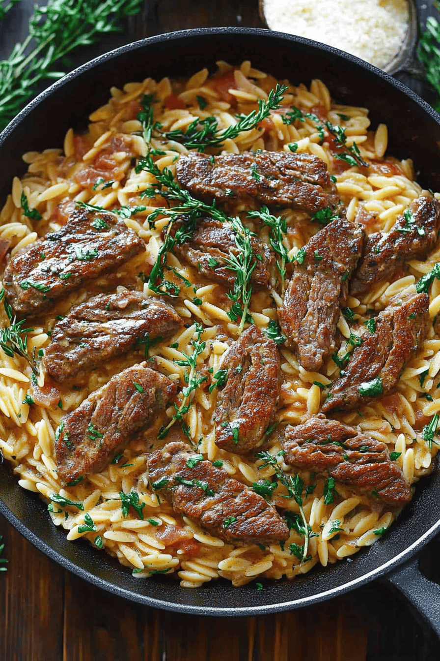 Steak Orzo ingredients organized and measured on kitchen counter