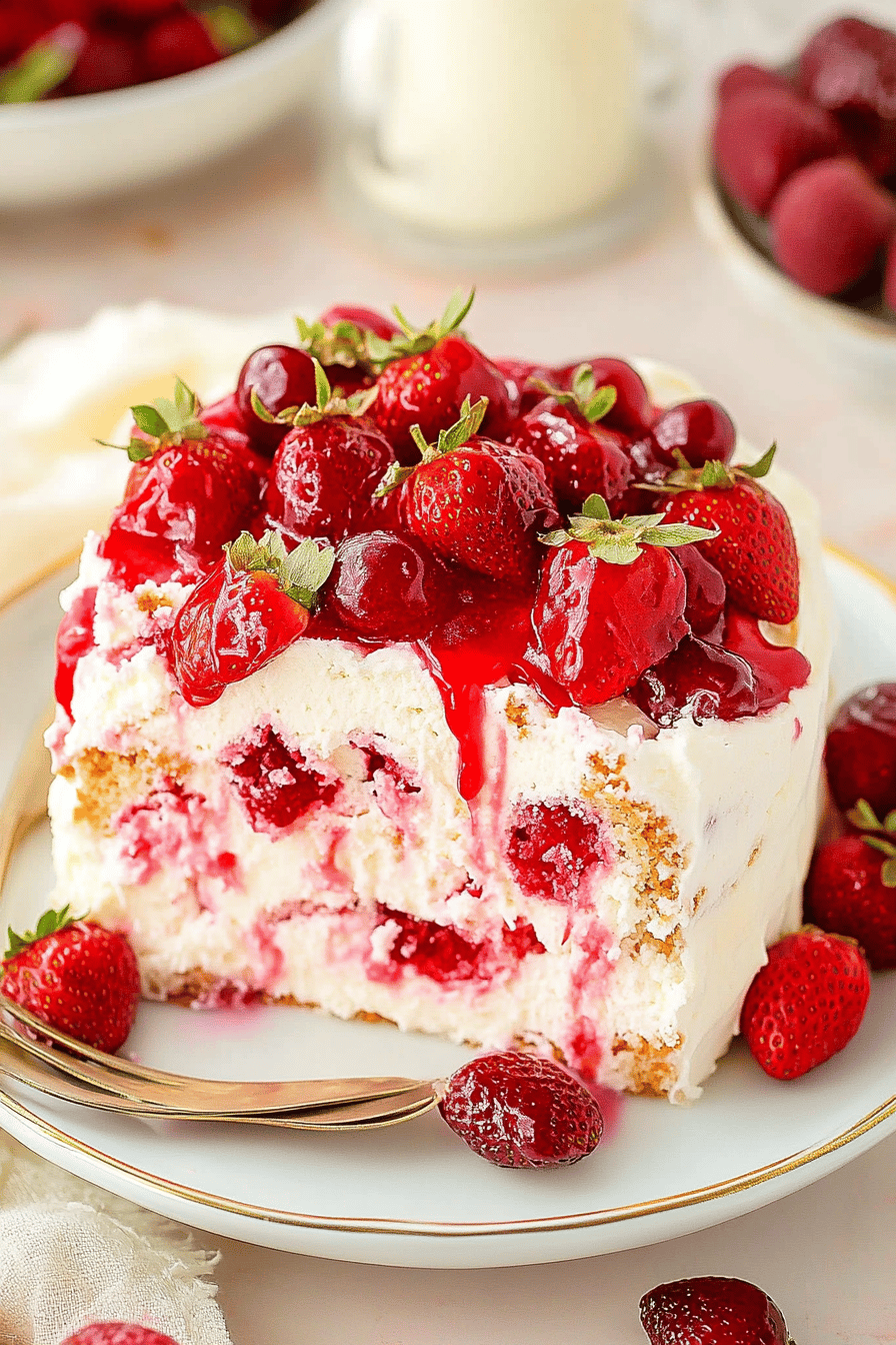 Strawberry cake slice on plate showing perfect texture and swirl pattern
