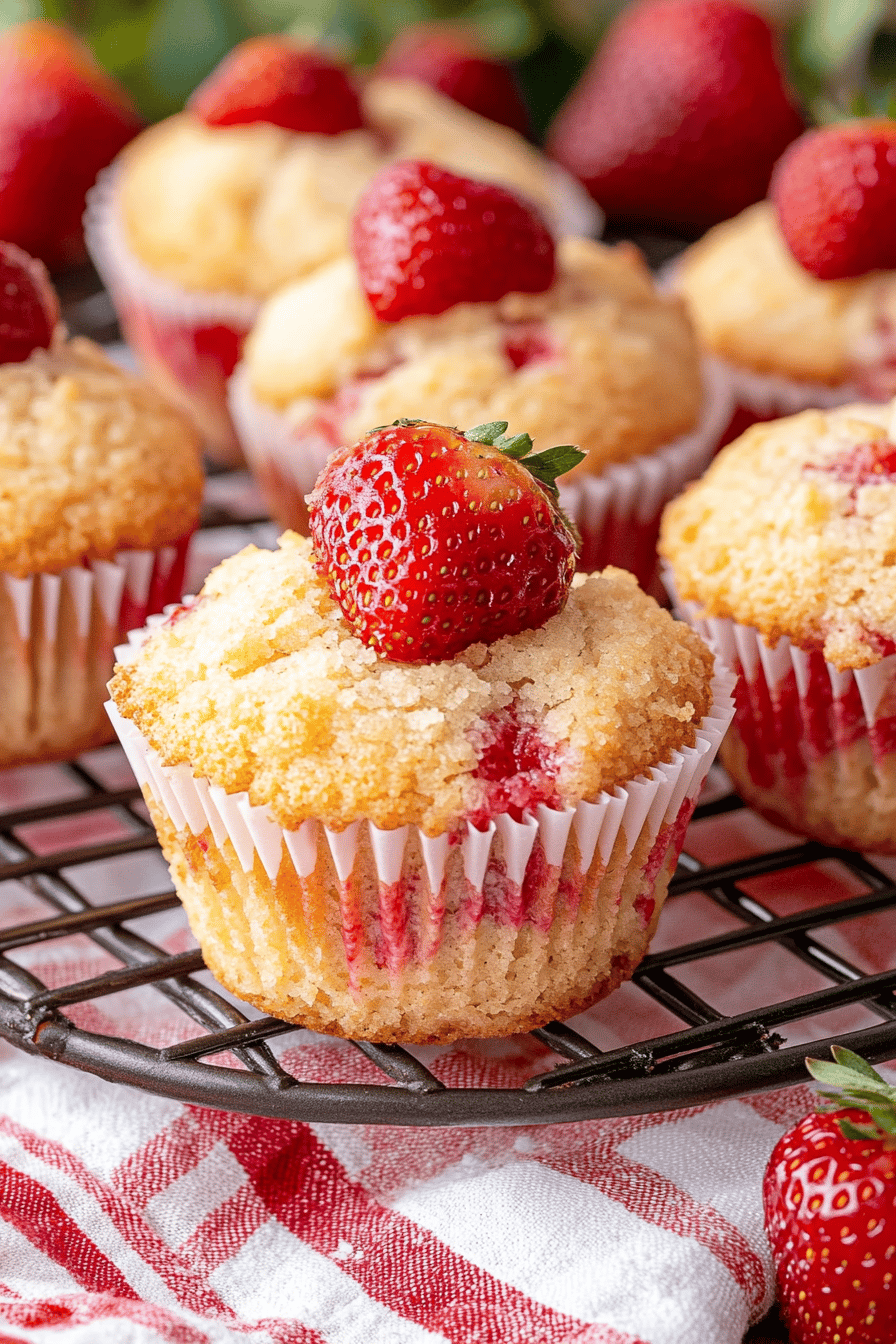 Strawberry coffee cake muffins slice on plate showing perfect texture and swirl pattern