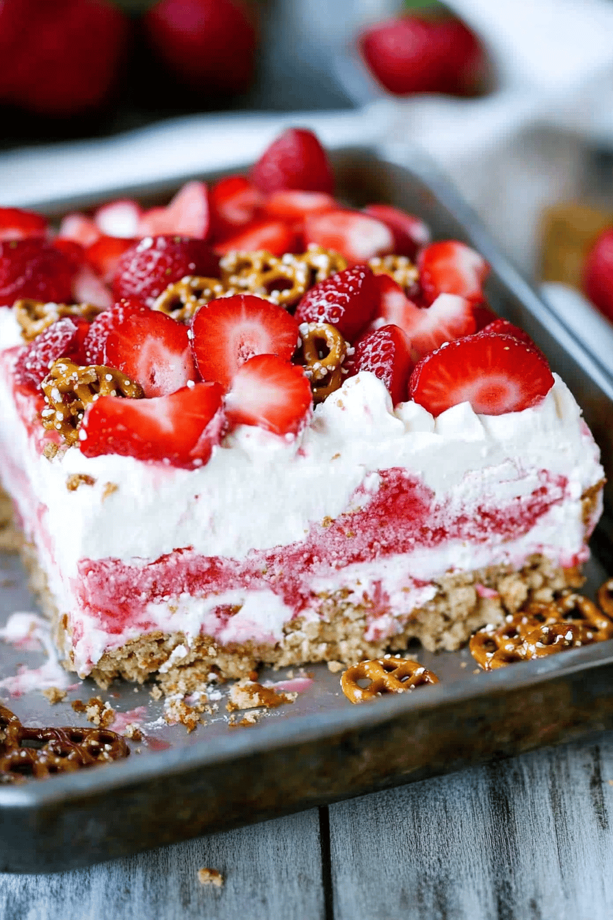 Strawberry pretzel dessert slice on plate showing perfect texture and swirl pattern
