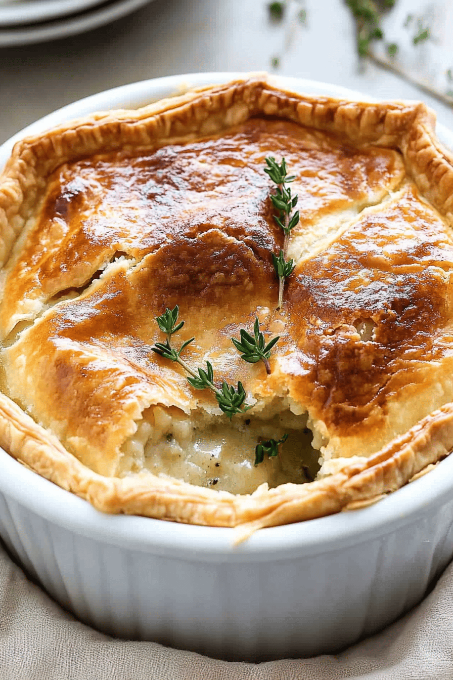 Turkey pot pie slice on plate showing perfect texture and swirl pattern