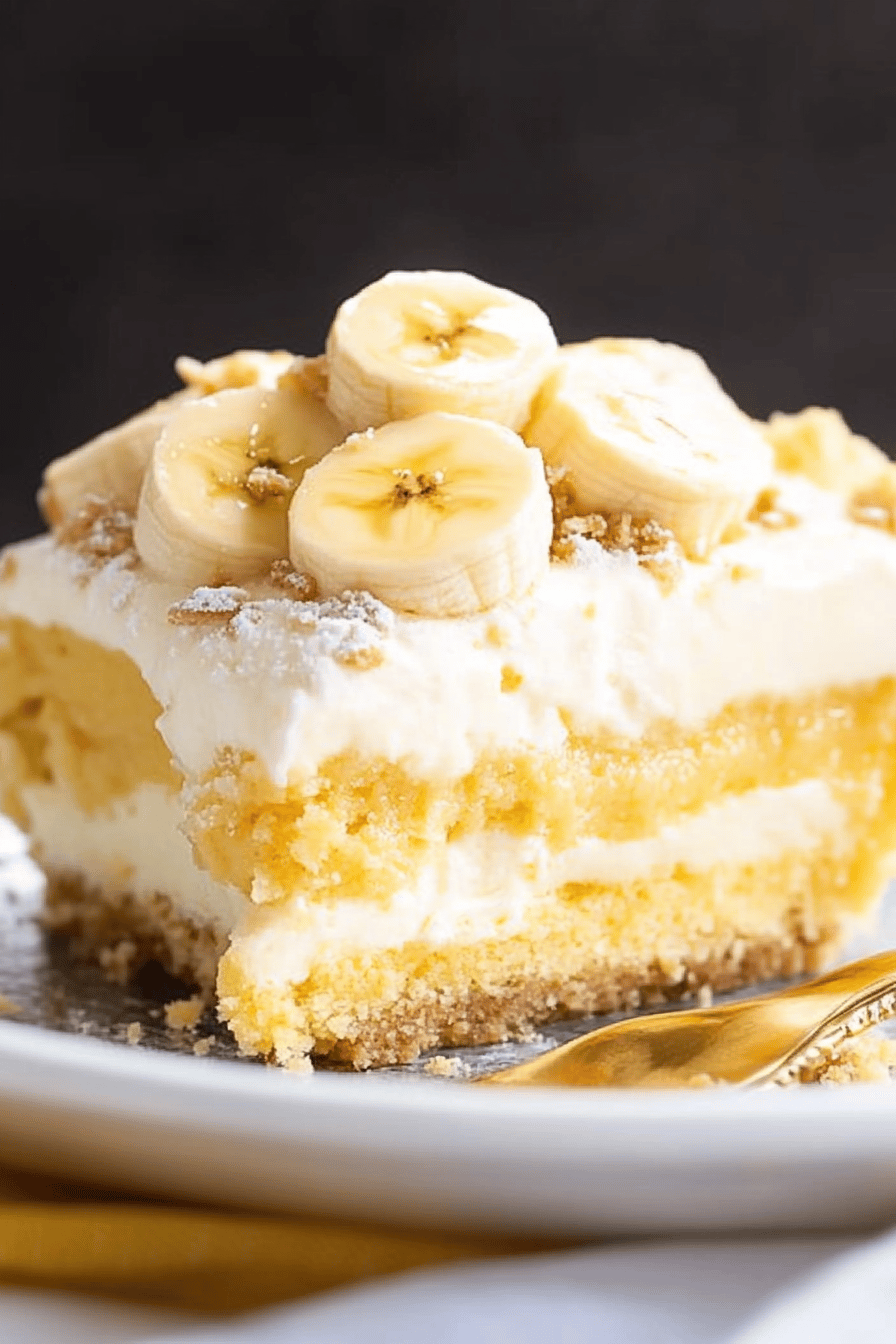 banana pudding poke cake slice on plate showing perfect texture and swirl pattern