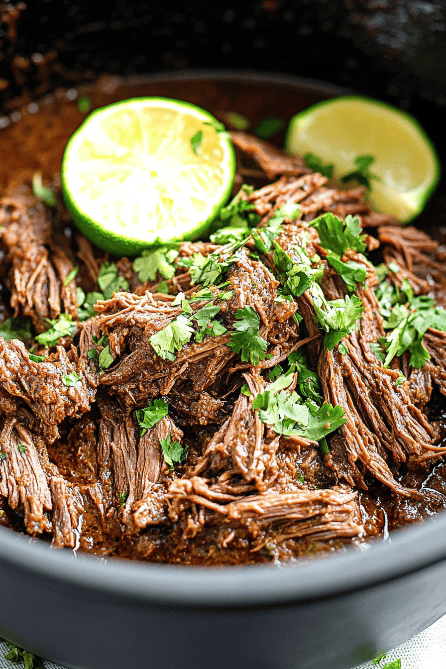 barbacoa beef slice on plate showing perfect texture and swirl pattern