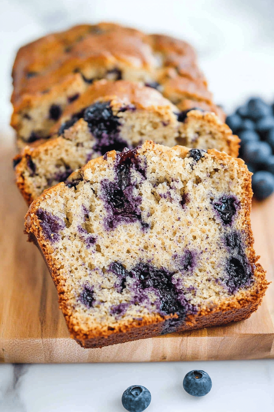 blueberry banana bread slice on plate showing perfect texture and swirl pattern