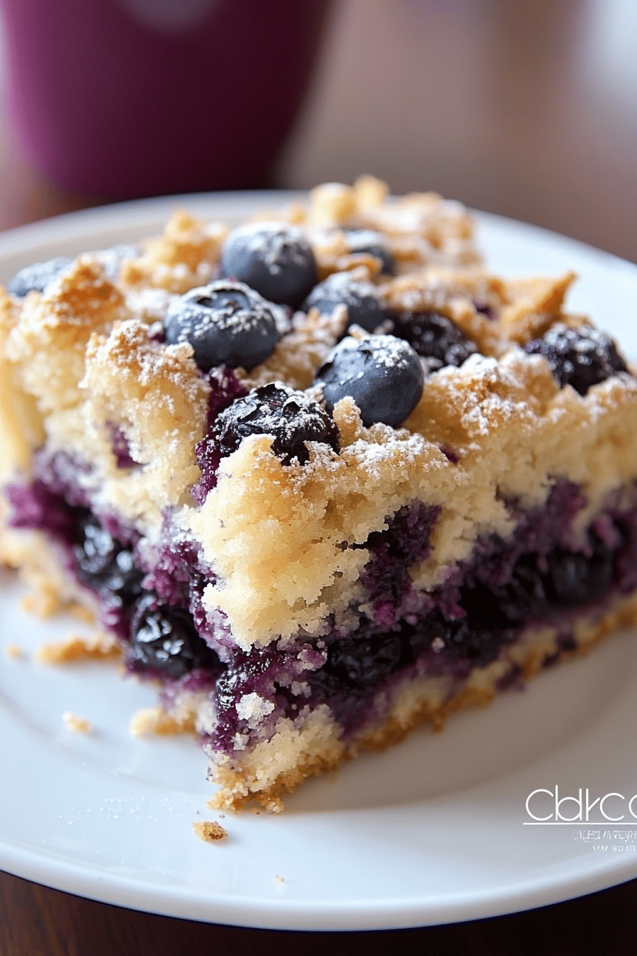 blueberry breakfast cake slice on plate showing perfect texture and swirl pattern