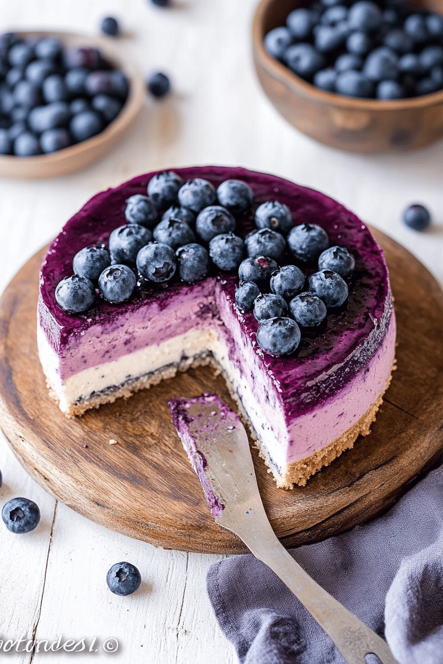 blueberry cheesecake slice on plate showing perfect texture and swirl pattern