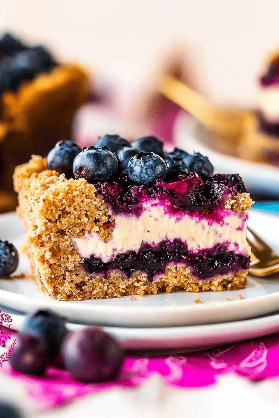 blueberry cheesecake bars slice on plate showing perfect texture and swirl pattern