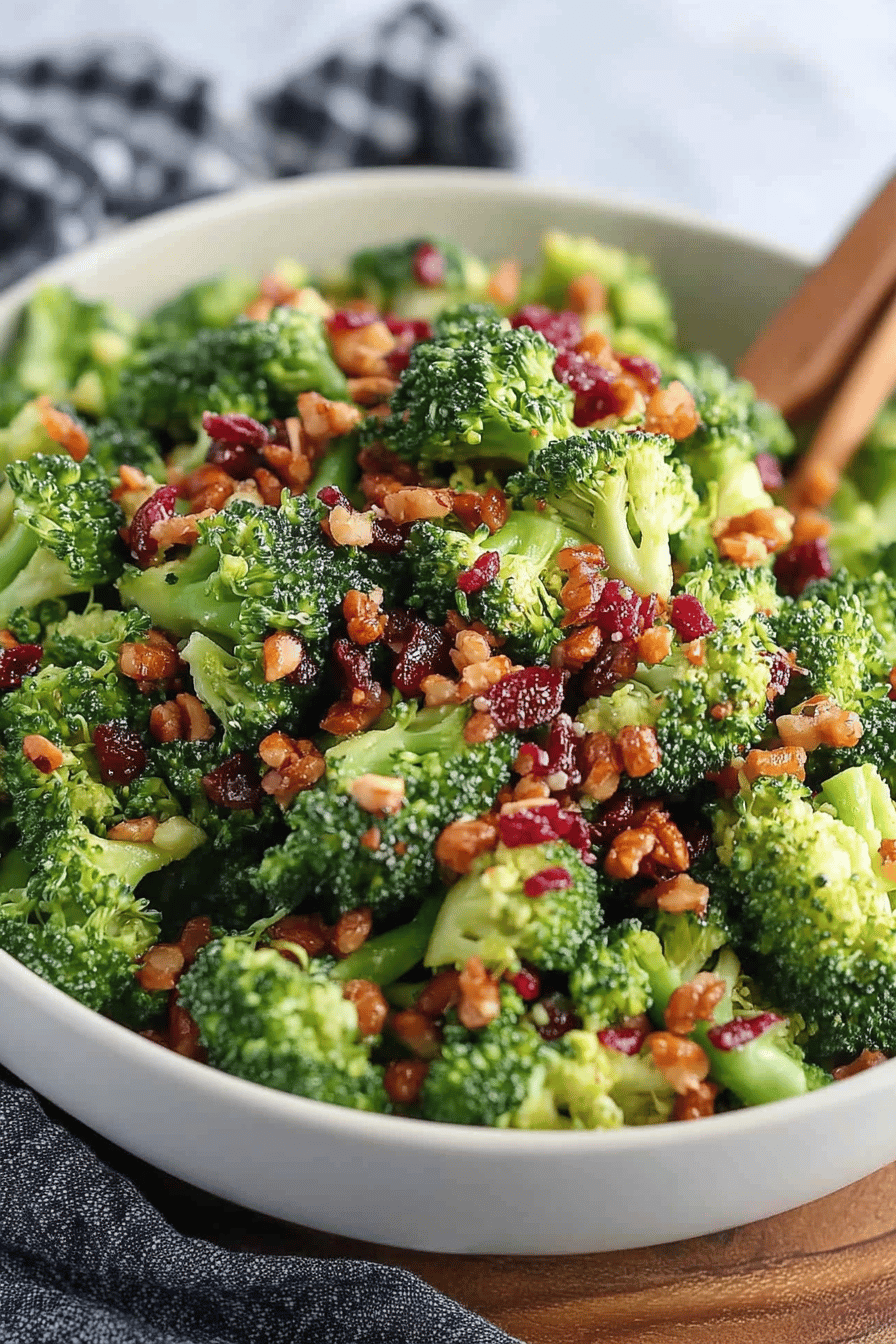 broccoli salad slice on plate showing perfect texture and swirl pattern