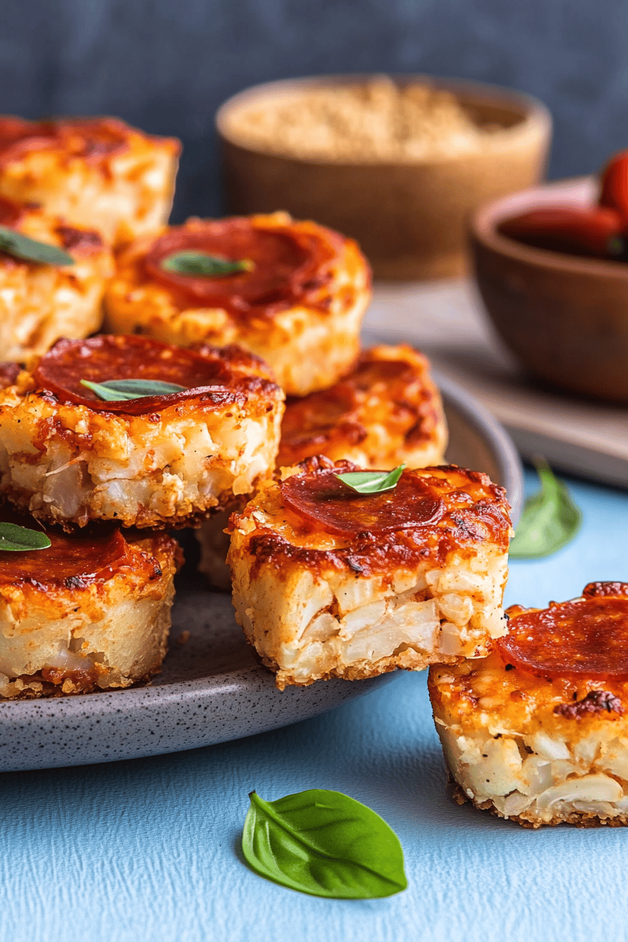 cauliflower pizza bites slice on plate showing perfect texture and swirl pattern