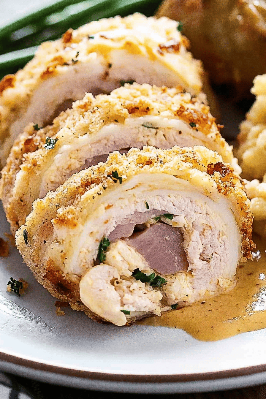 chicken cordon bleu slice on plate showing perfect texture and swirl pattern