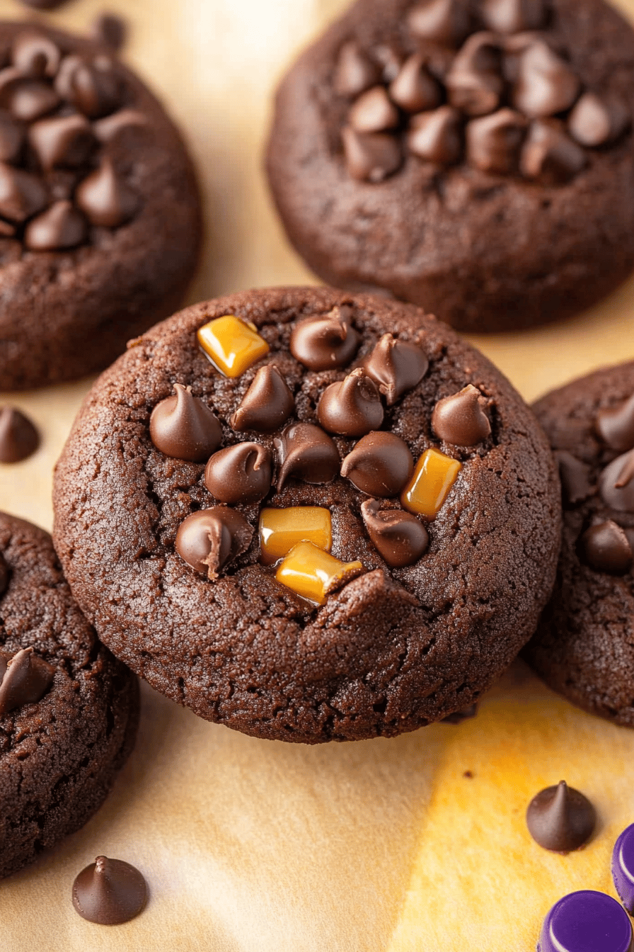chocolate caramel cookies slice on plate showing perfect texture and swirl pattern