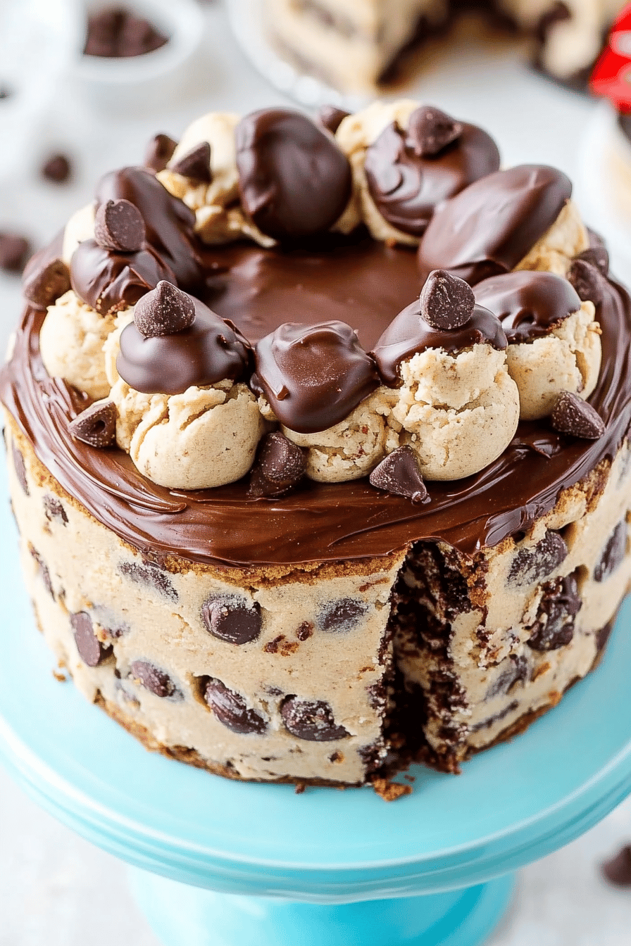 cookie dough cake slice on plate showing perfect texture and swirl pattern