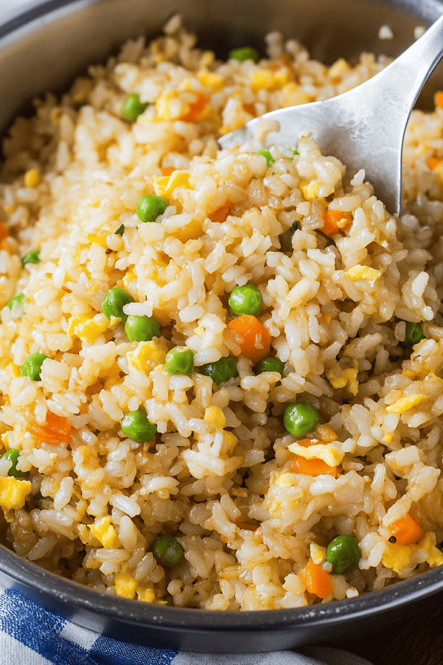 egg fried rice slice on plate showing perfect texture and swirl pattern