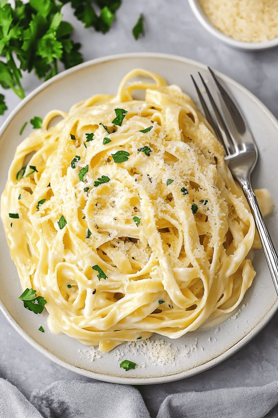 fettuccine alfredo slice on plate showing perfect texture and swirl pattern