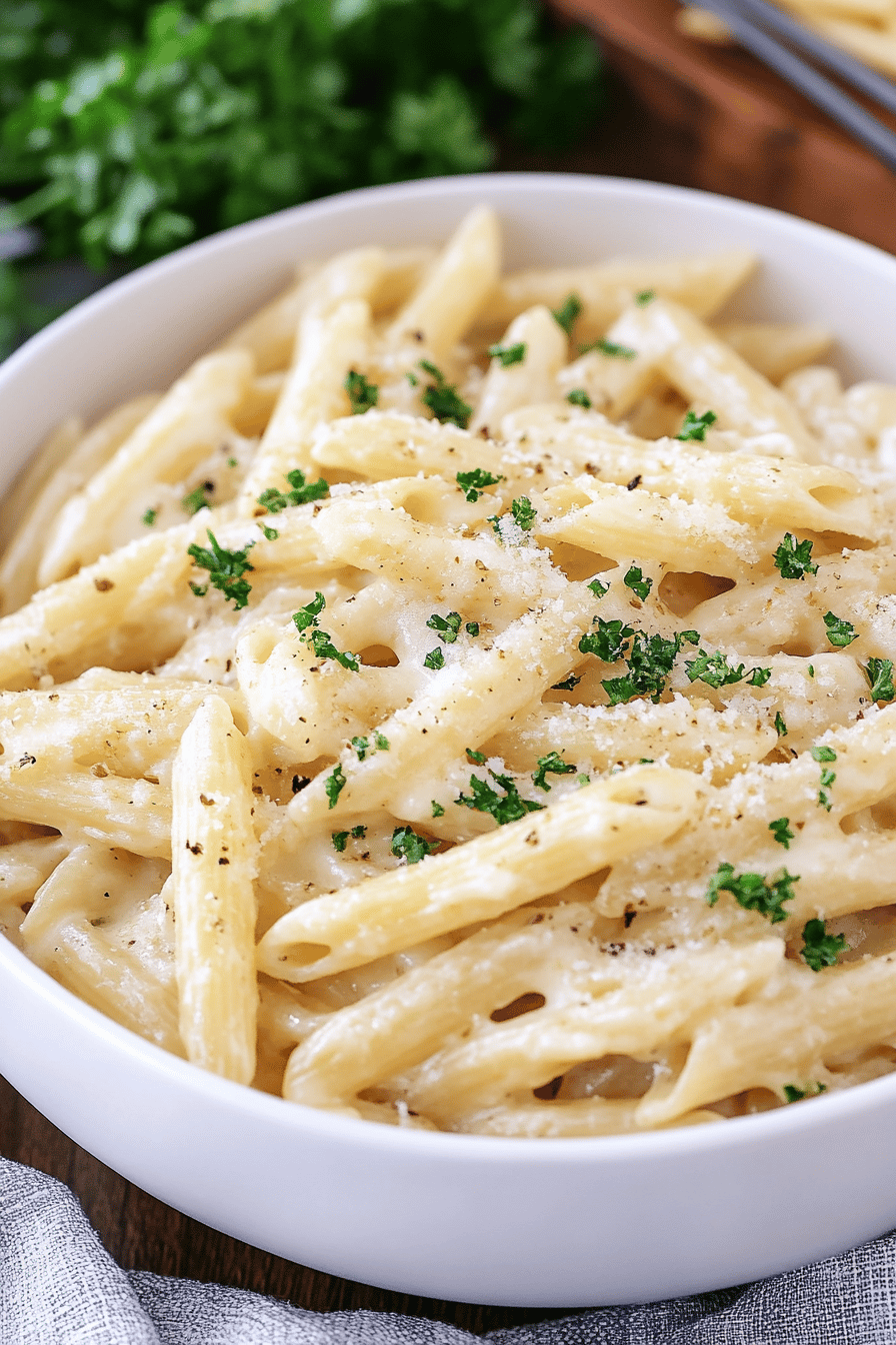 garlic penne pasta ingredients organized and measured on kitchen counter