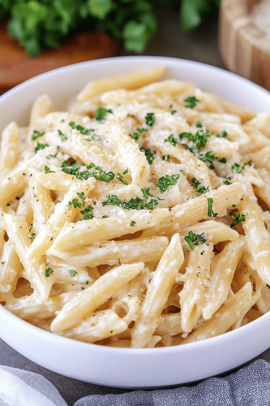 garlic penne pasta slice on plate showing perfect texture and swirl pattern