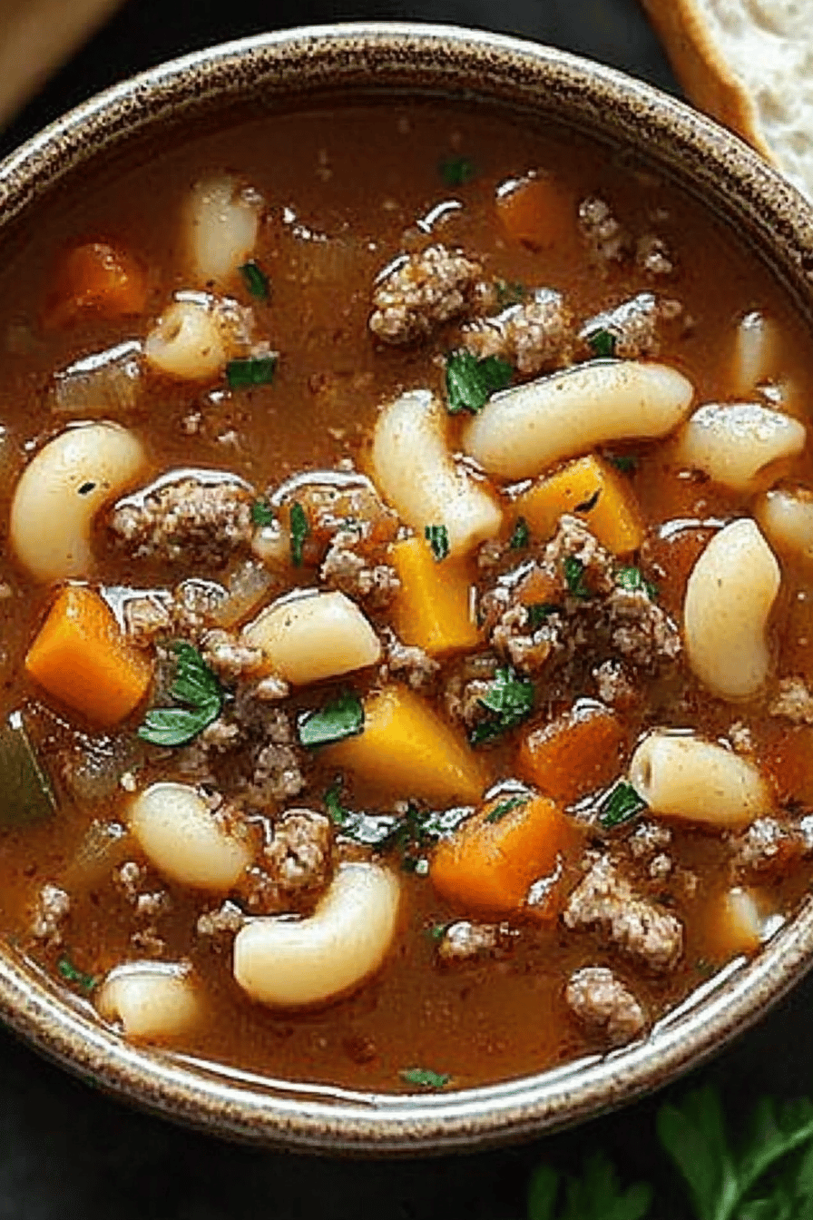 hamburger soup ingredients organized and measured on kitchen counter