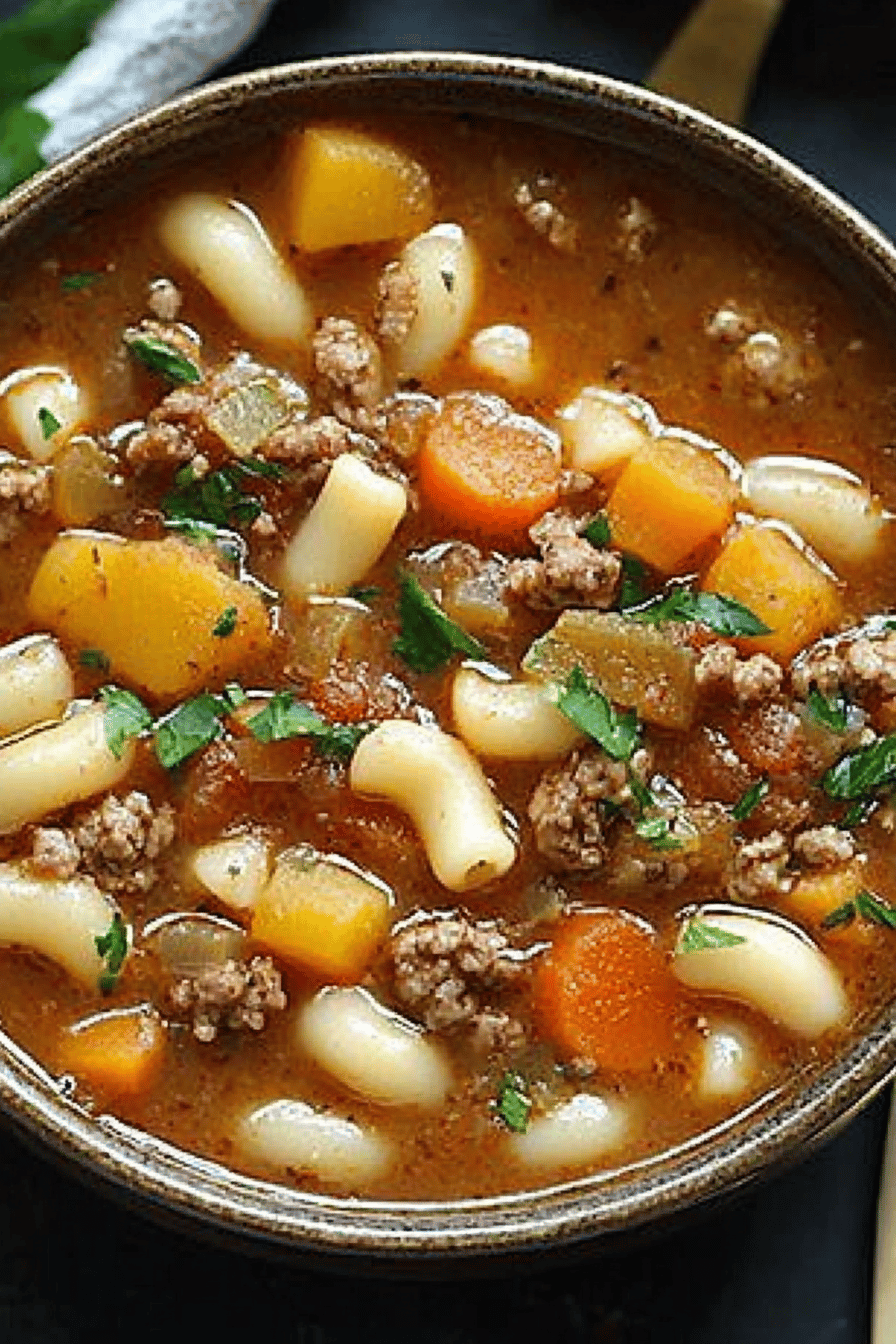 hamburger soup slice on plate showing perfect texture and swirl pattern