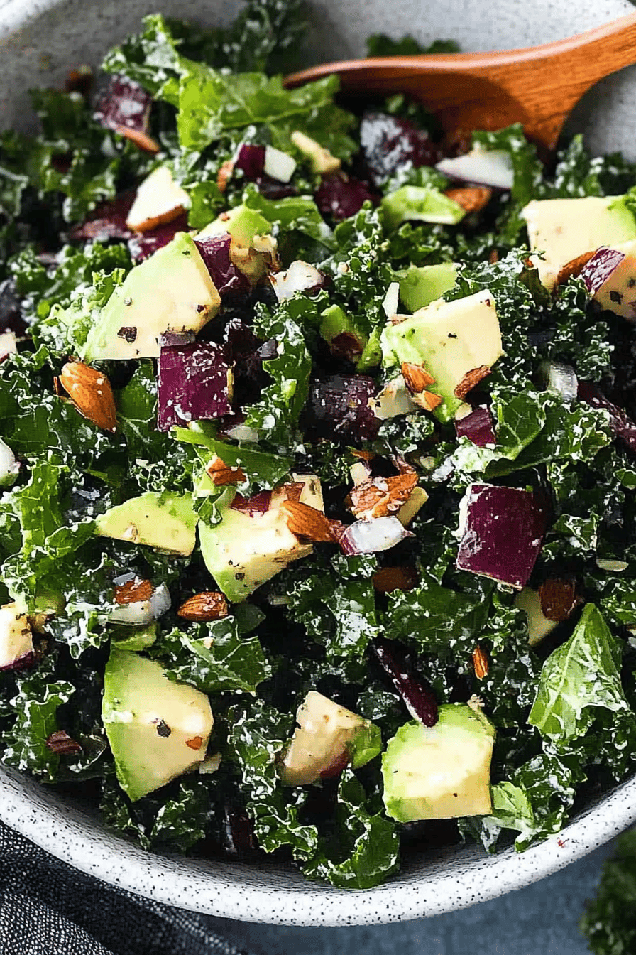 kale salad ingredients organized and measured on kitchen counter