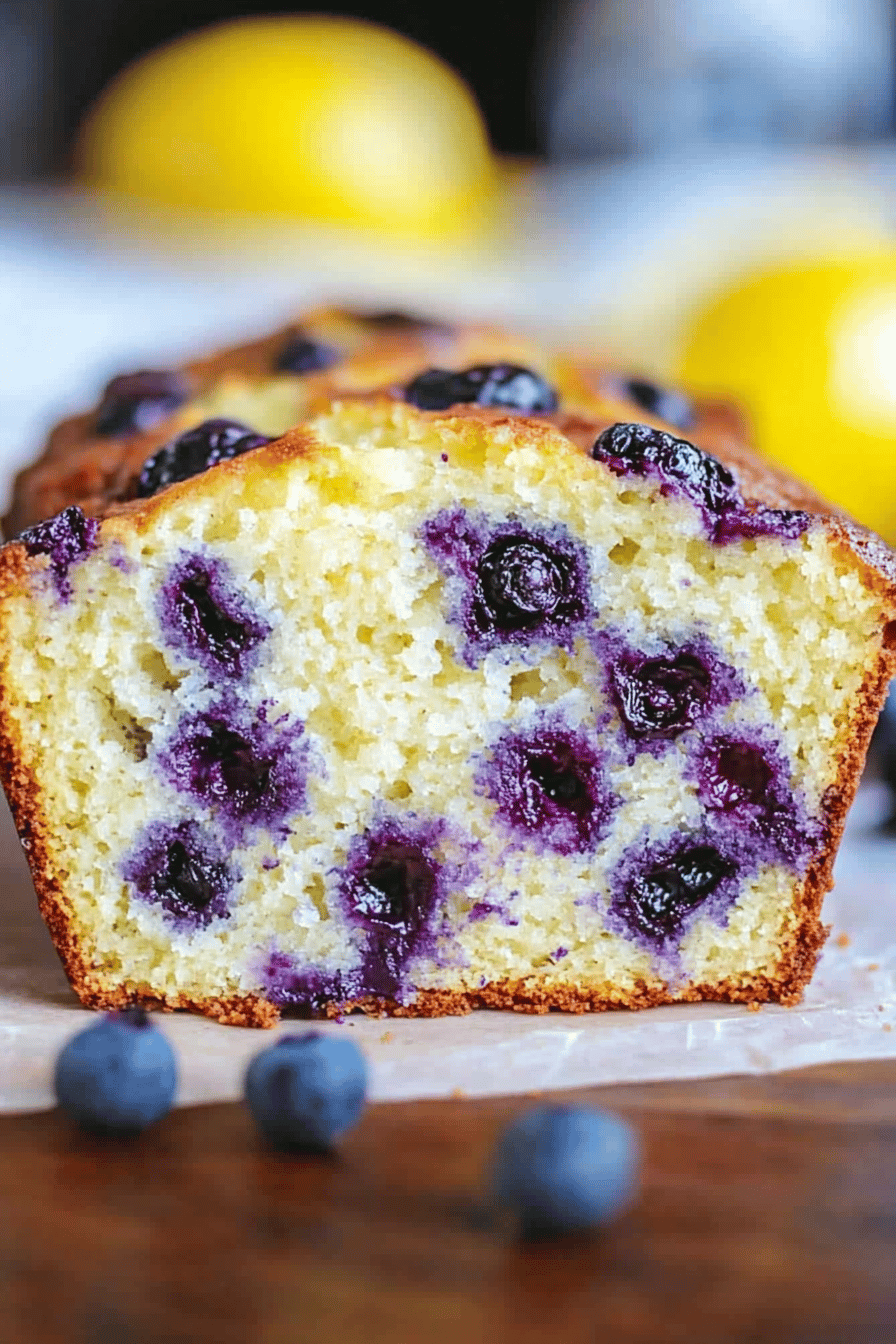 lemon blueberry loaf slice on plate showing perfect texture and swirl pattern