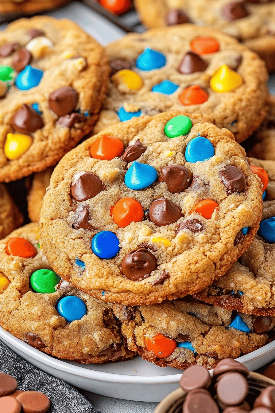 monster cookies slice on plate showing perfect texture and swirl pattern
