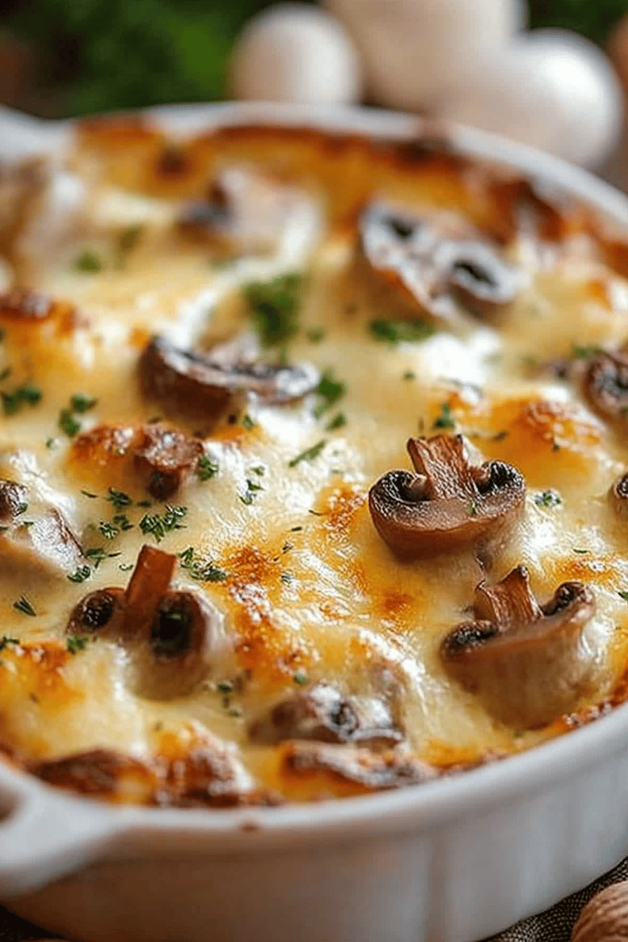 mushroom casserole slice on plate showing perfect texture and swirl pattern