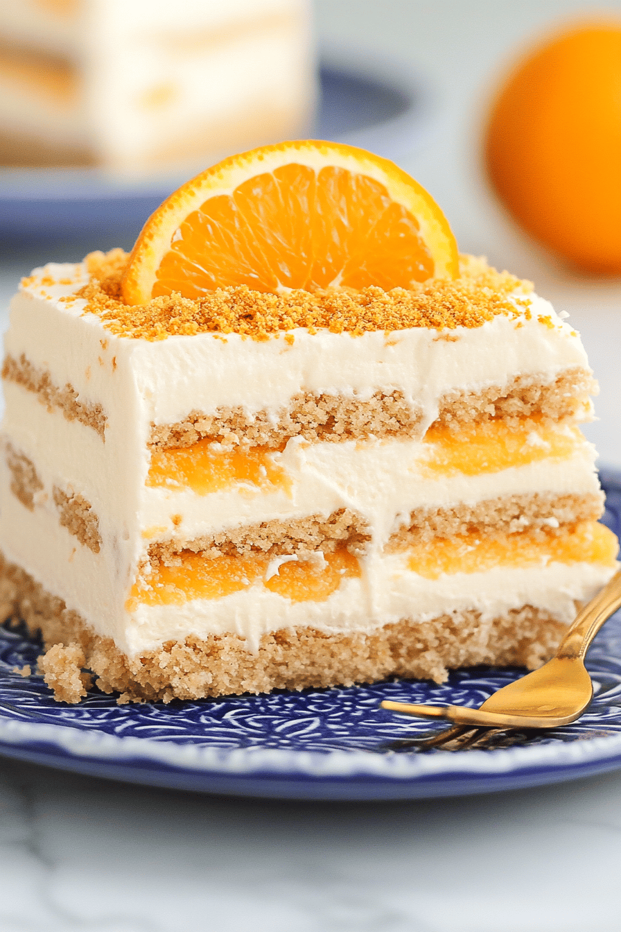 orange icebox cake slice on plate showing perfect texture and swirl pattern