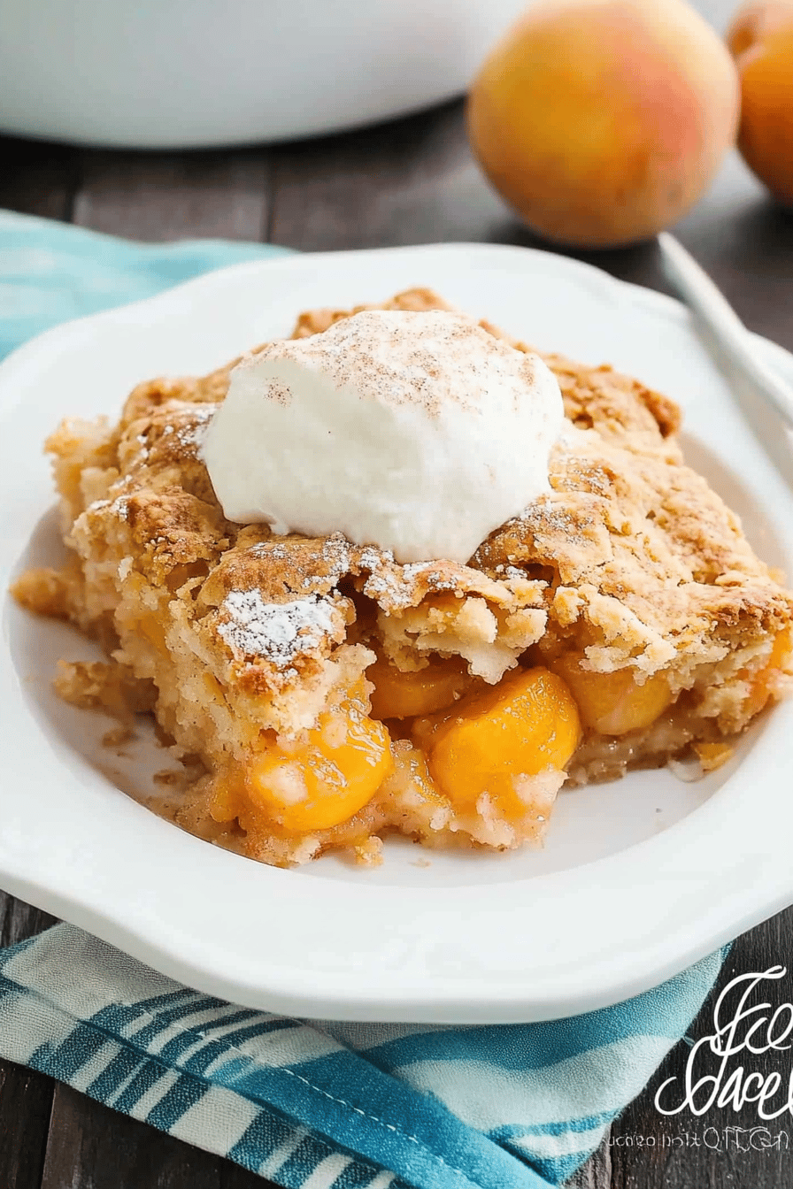 peach cobbler slice on plate showing perfect texture and swirl pattern