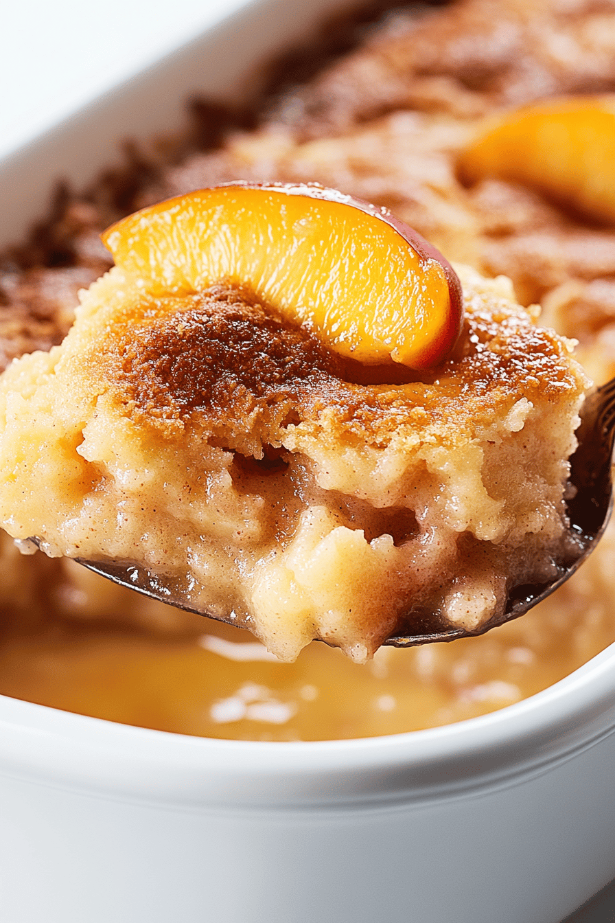 peach cobbler recipe slice on plate showing perfect texture and swirl pattern