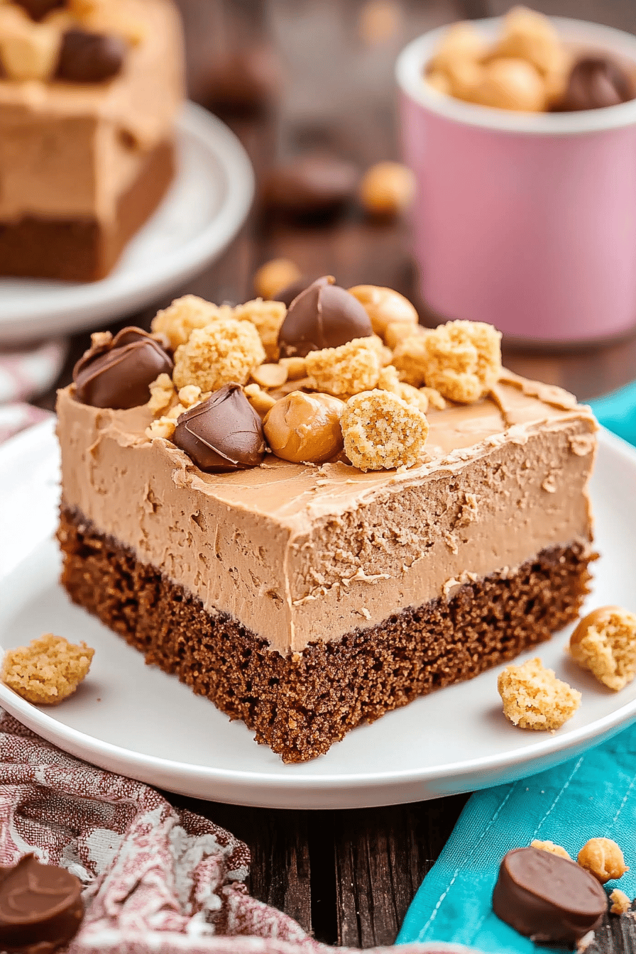 peanut butter sheet cake slice on plate showing perfect texture and swirl pattern