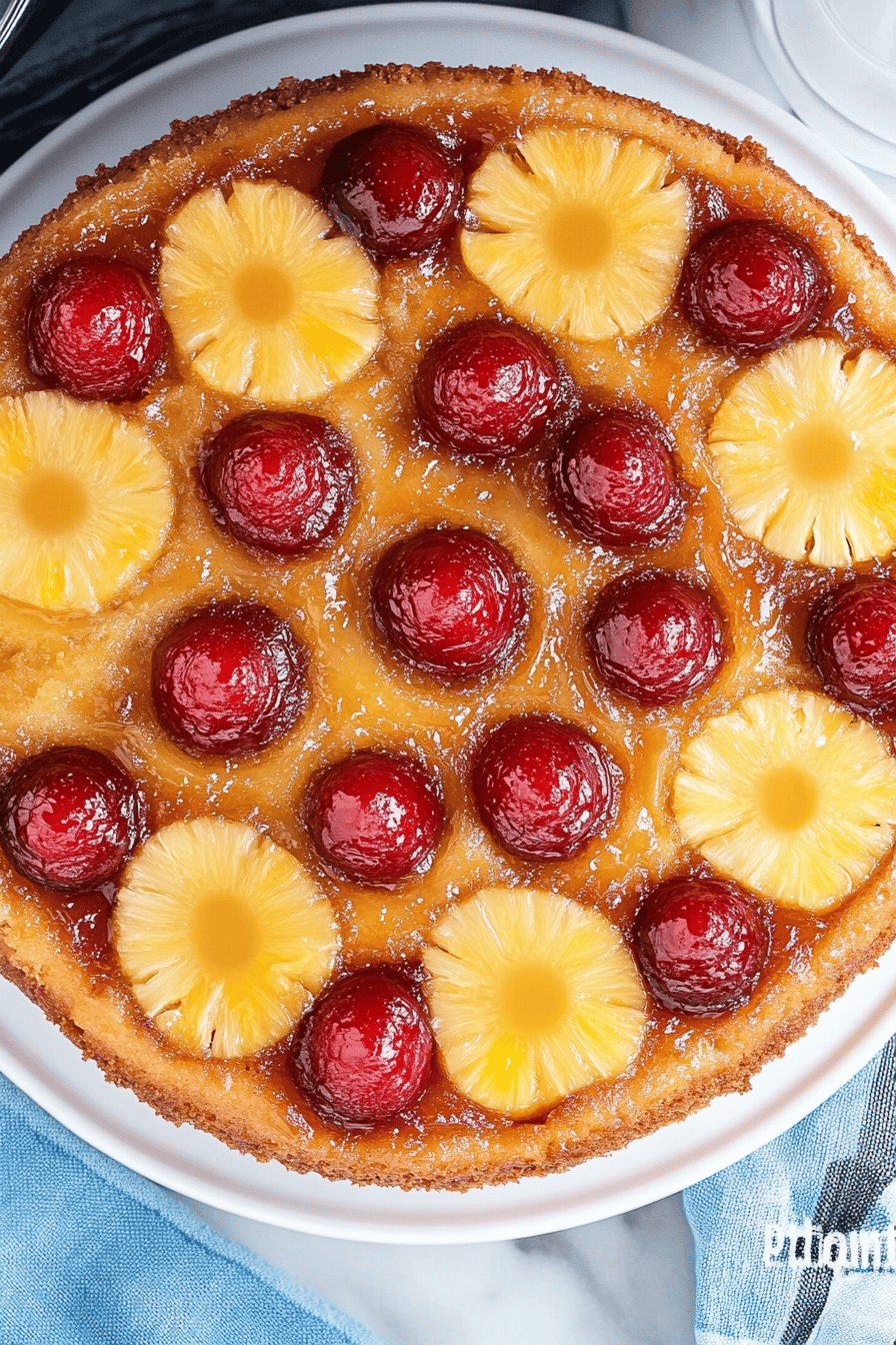pineapple upside down cake slice on plate showing perfect texture and swirl pattern