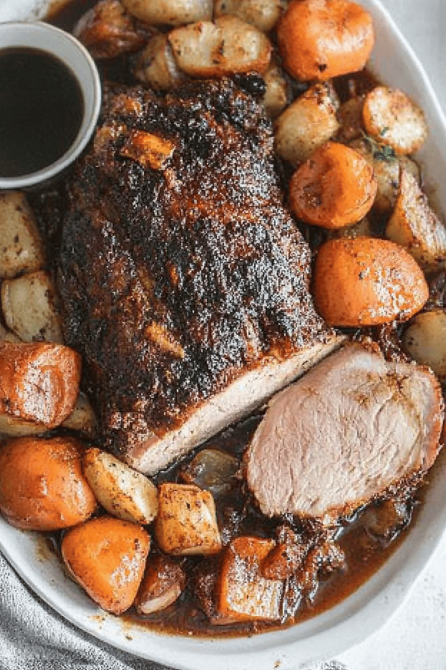 pork roast slice on plate showing perfect texture and swirl pattern