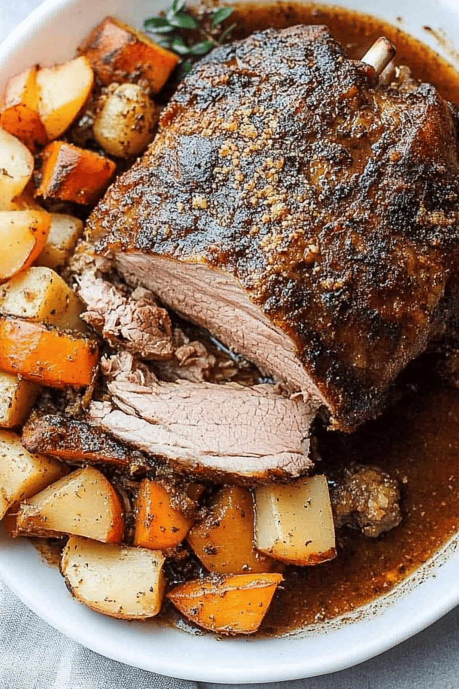 pork roast recipe slice on plate showing perfect texture and swirl pattern