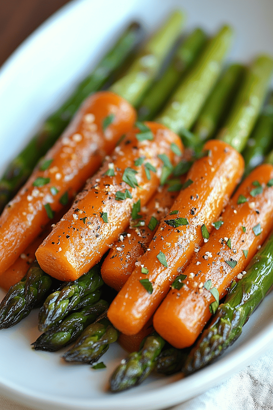 roasted asparagus carrots ingredients organized and measured on kitchen counter
