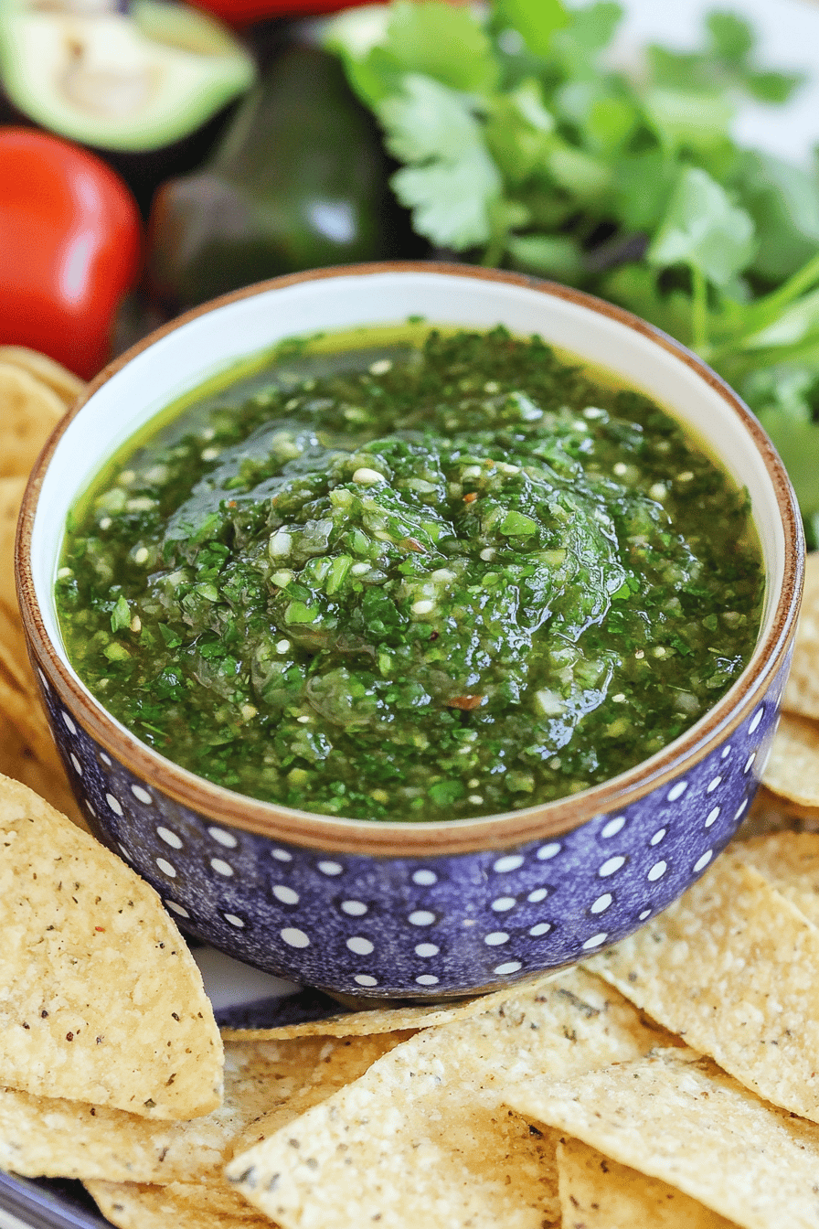 salsa verde recipe slice on plate showing perfect texture and swirl pattern
