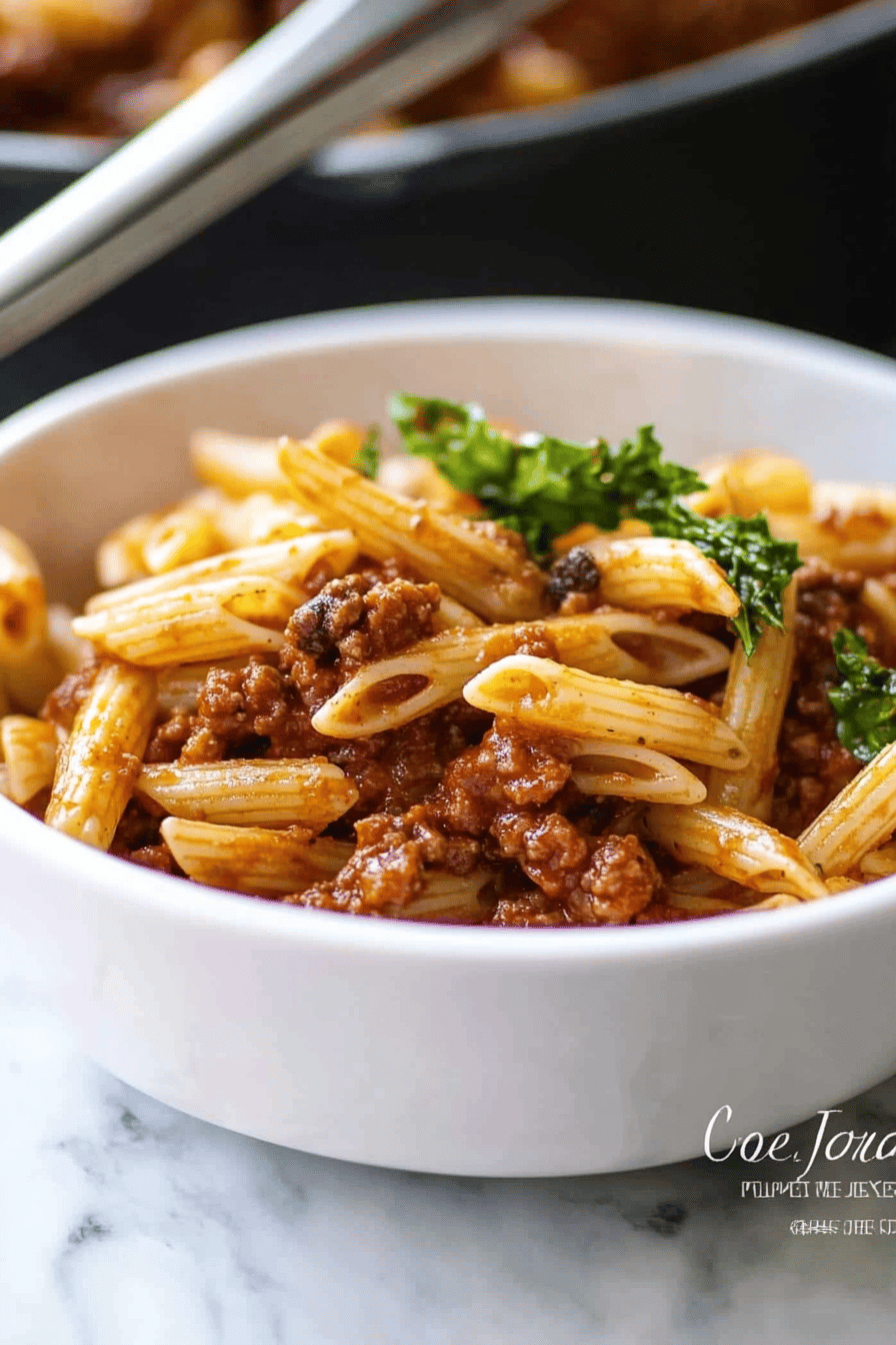 sloppy joe pasta ingredients organized and measured on kitchen counter