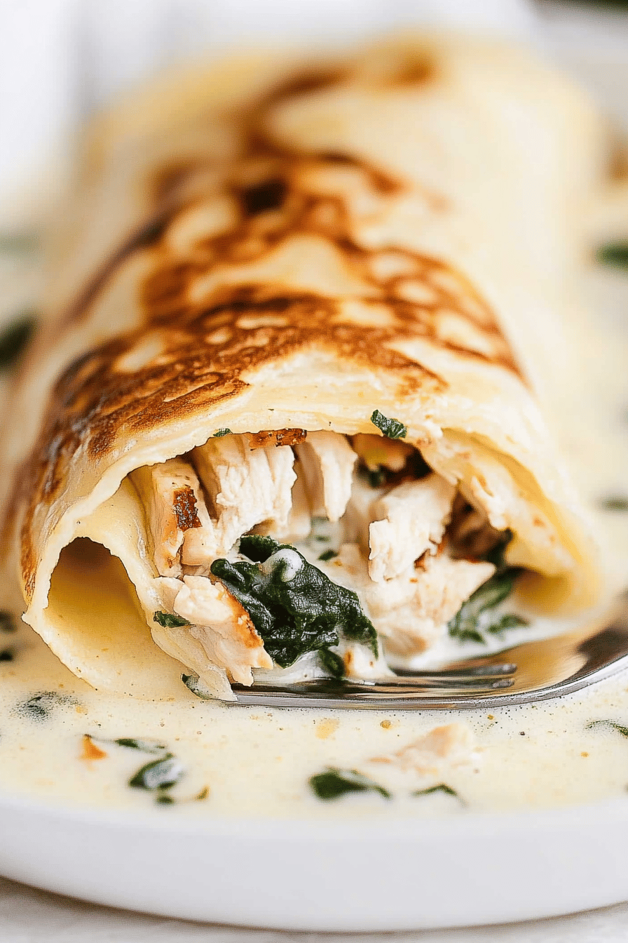 spinach chicken crepes slice on plate showing perfect texture and swirl pattern