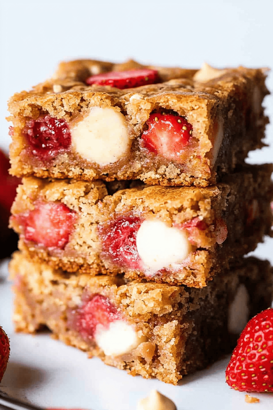strawberry blondies recipe slice on plate showing perfect texture and swirl pattern