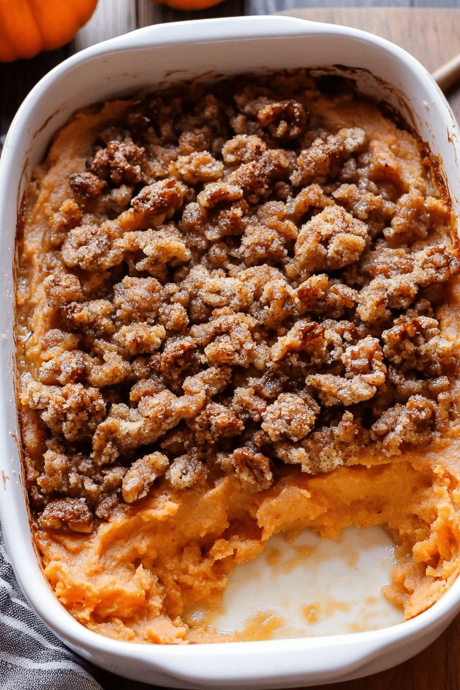 sweet potato casserole slice on plate showing perfect texture and swirl pattern