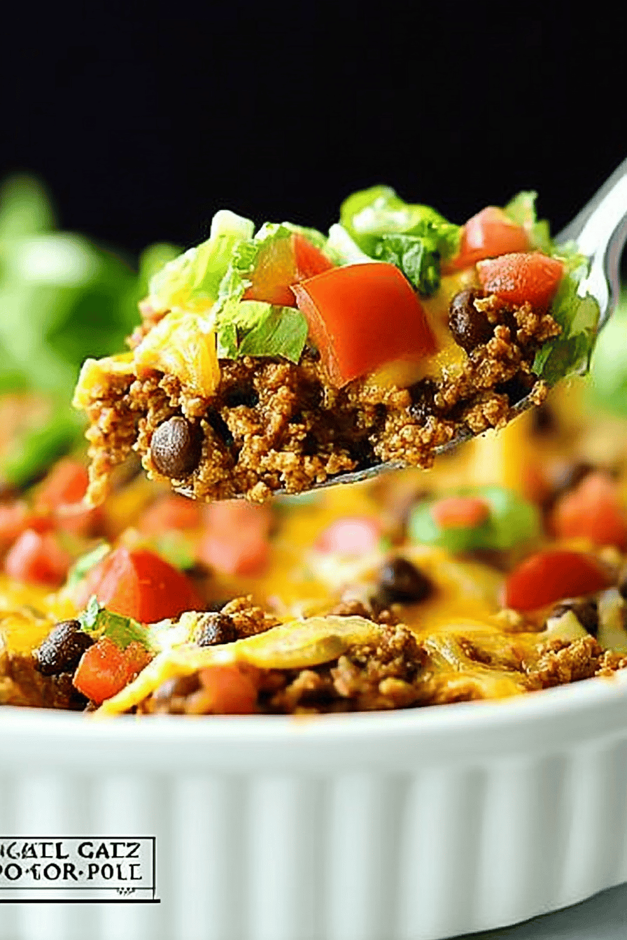 taco casserole slice on plate showing perfect texture and swirl pattern