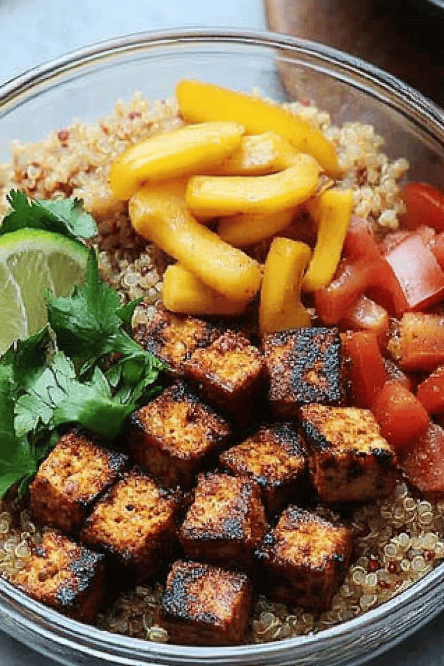 tofu quinoa bowls ingredients organized and measured on kitchen counter