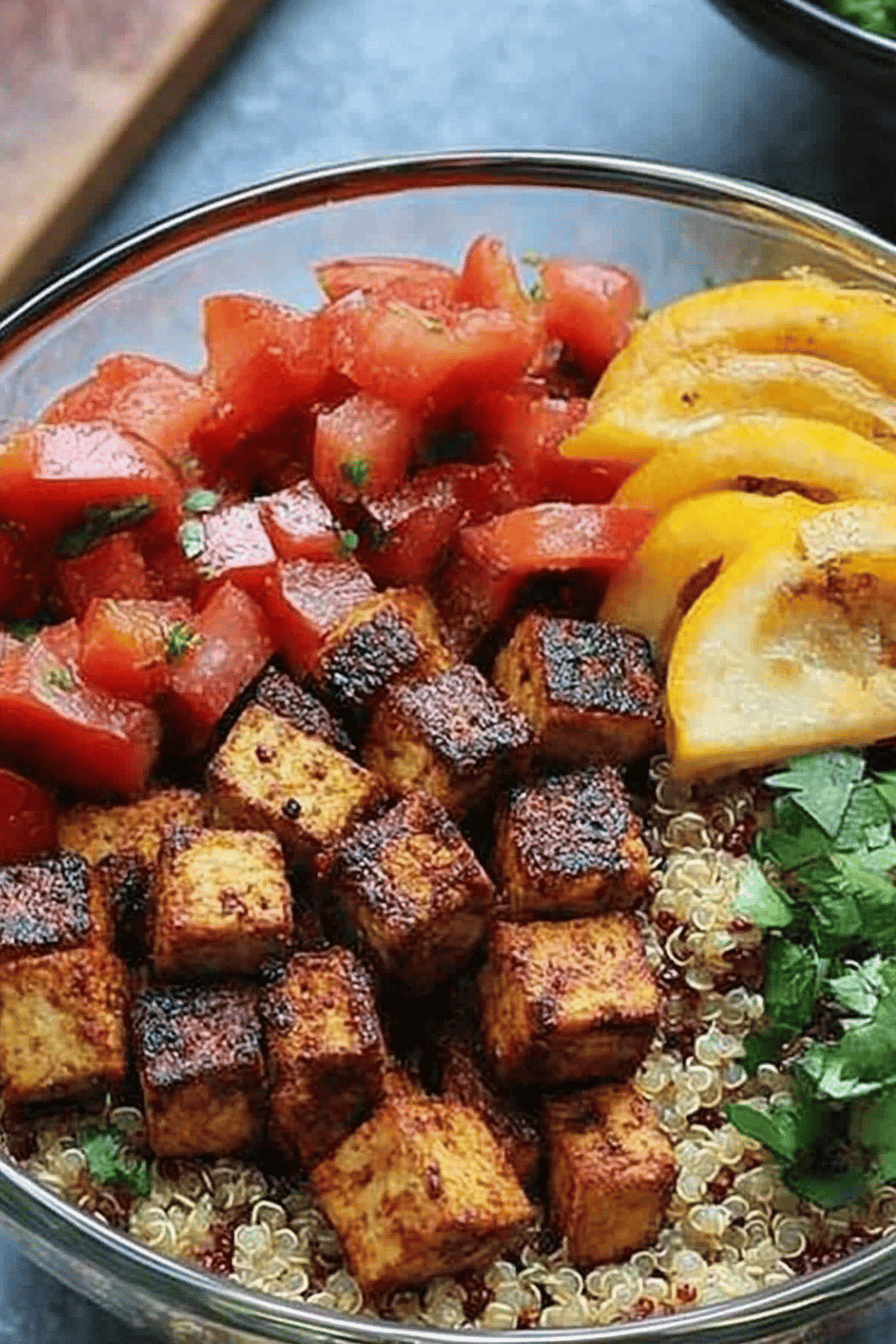 tofu quinoa bowls slice on plate showing perfect texture and swirl pattern