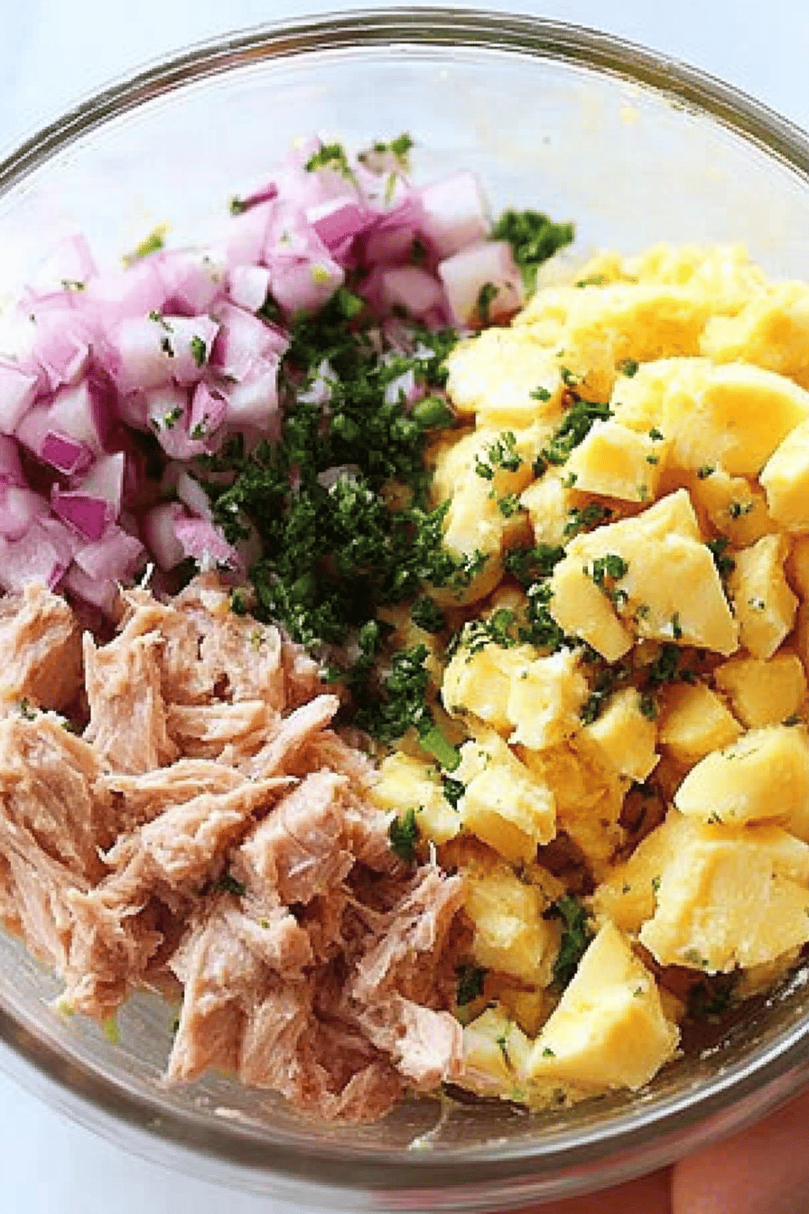 tuna egg salad ingredients organized and measured on kitchen counter
