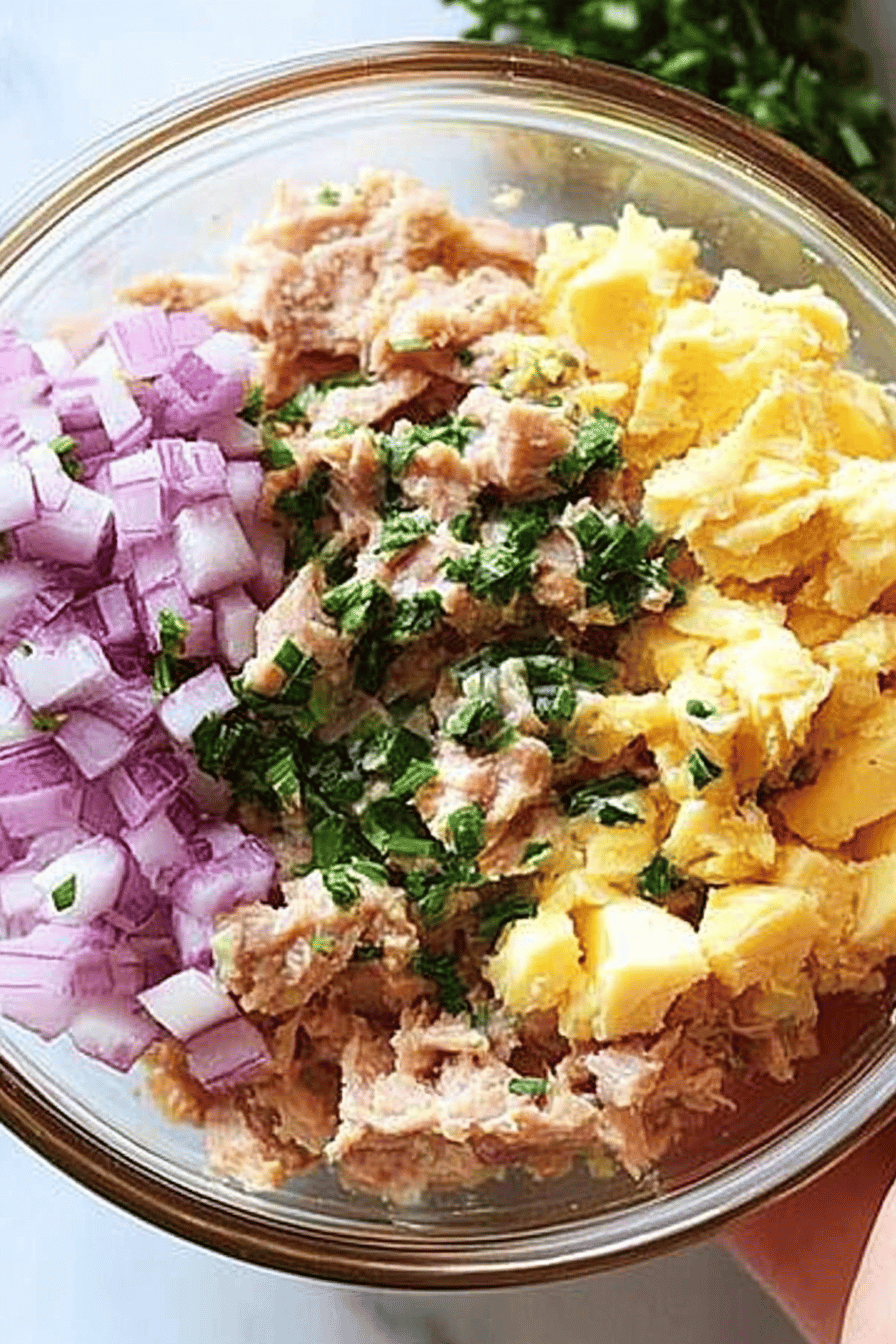 tuna egg salad slice on plate showing perfect texture and swirl pattern